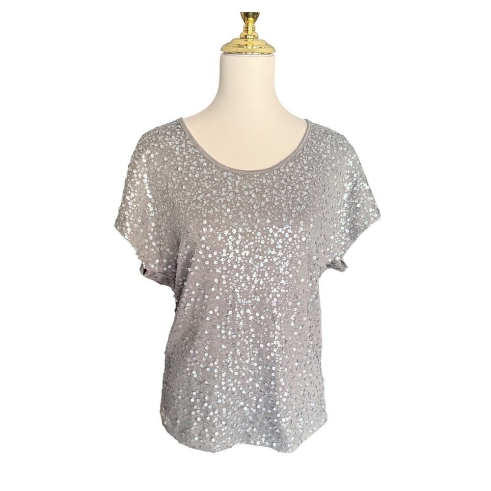 Pleione Womens Sequin‎ Grey Taupe Short Sleeve Scoop Neck Blouse Size Small